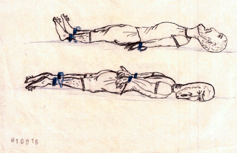 Imagen dibujada por Abu Zubaydah muestra el mtodo "privacin del sueo horizontal"./ Abu Zubaydah, cortesa de Mark P. Denbeaux va The New York Times.