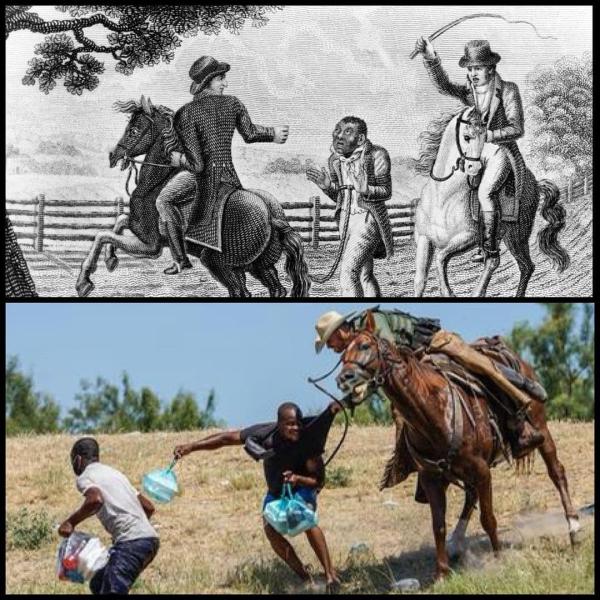 Haitian refugees being rounded up by marshals on horses, and slaves being rounded up by horsemen.