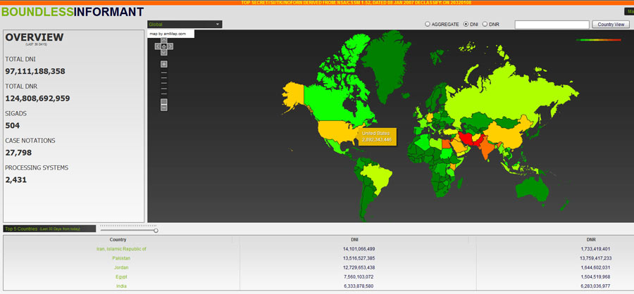 Los rangos del esquema de color de verde (menos sometidos a vigilancia) pasando por el amarillo y el naranja hasta el rojo (ms vigilancia). Tenga en cuenta la fecha '2007 'en la imagen se refiere al documento de la cual el mapa interactivo deriva su parte superior clasificacin de secreto, no el propio mapa.